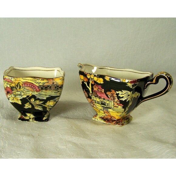 Royal Winton Grimwades Black Pekin Bone China Creamer Sugar Set Vintage 1950s - Picture 9 of 10